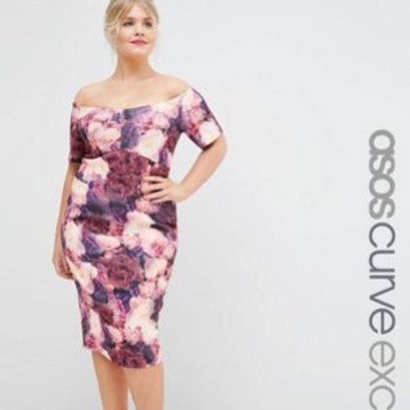 ASOS Curve Midi Floral Off Shoulder Pencil Dress - Picture 1 of 2